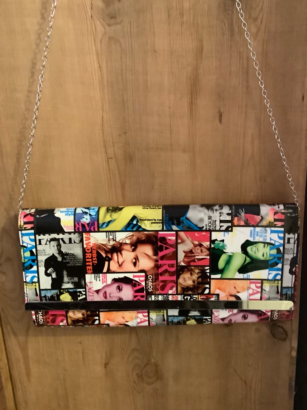 Olivia Miller Multicolor Magazine Print Foldover Clutch With Silver Chain